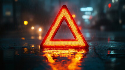 Illuminated Reflections with an Emergency Triangle in Rainy Night Road