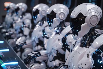 Fototapeta premium AI robots working in a futuristic IT lab , A robotic arm in a factory, focused on a computer screen, representing the future of automated industrial work.