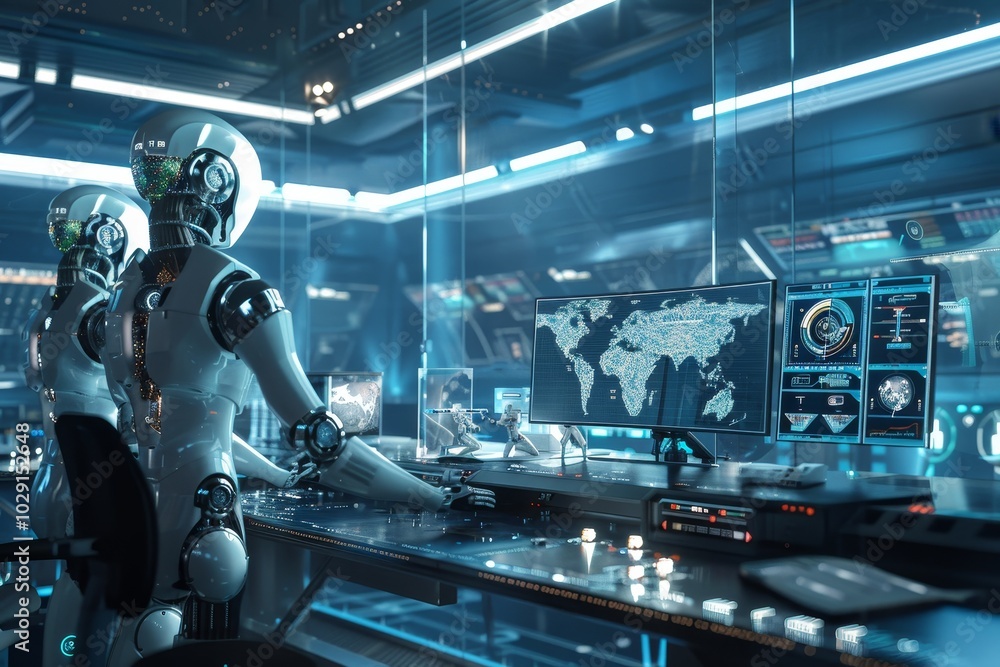 Poster ai robots working in a futuristic it lab ,a robot engaged with a computer in a factory environment, 