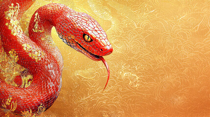 Obraz premium Red snake with floral accents on an ornate golden background, representing elegance and symbolism for Chinese New Year themes.