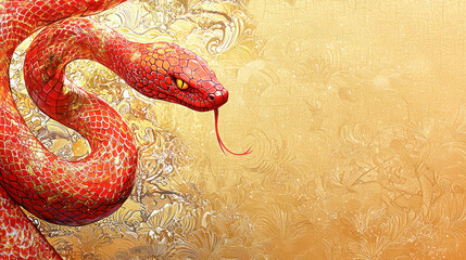 Obraz premium Red snake with floral accents on an ornate golden background, representing elegance and symbolism for Chinese New Year themes.