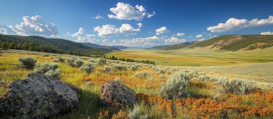 A panoramic view of a lush green valley with rolling hills, a vast open field, and a bright blue sky dotted with fluffy white clouds. The foreground features a large rock with patches of green moss.