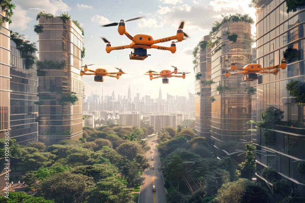 Poster ai-driven drones delivering packages in a smart city, multiple drones navigating the skies over a vi