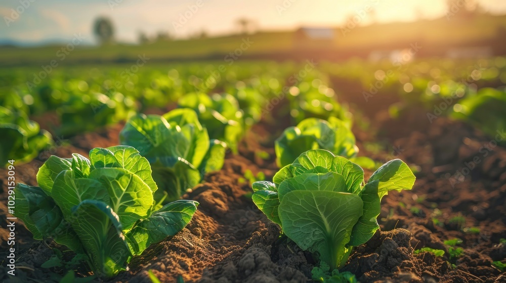 Wall mural growing lettuce leaves, farm field background, organic food concept