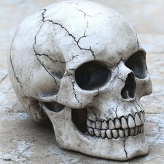 Obraz premium A detailed study of a cracked skull resting on a textured surface in soft ambient light