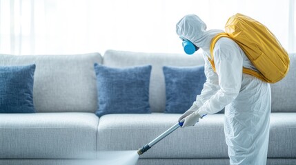 A worker in protective gear sanitizes a living room sofa with a spray, promoting cleanliness and safety in indoor environments.