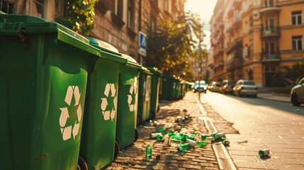 Green recycling bins with recycling sign on city street. Sorting rubbish, concept of care for environment. Waste segregation