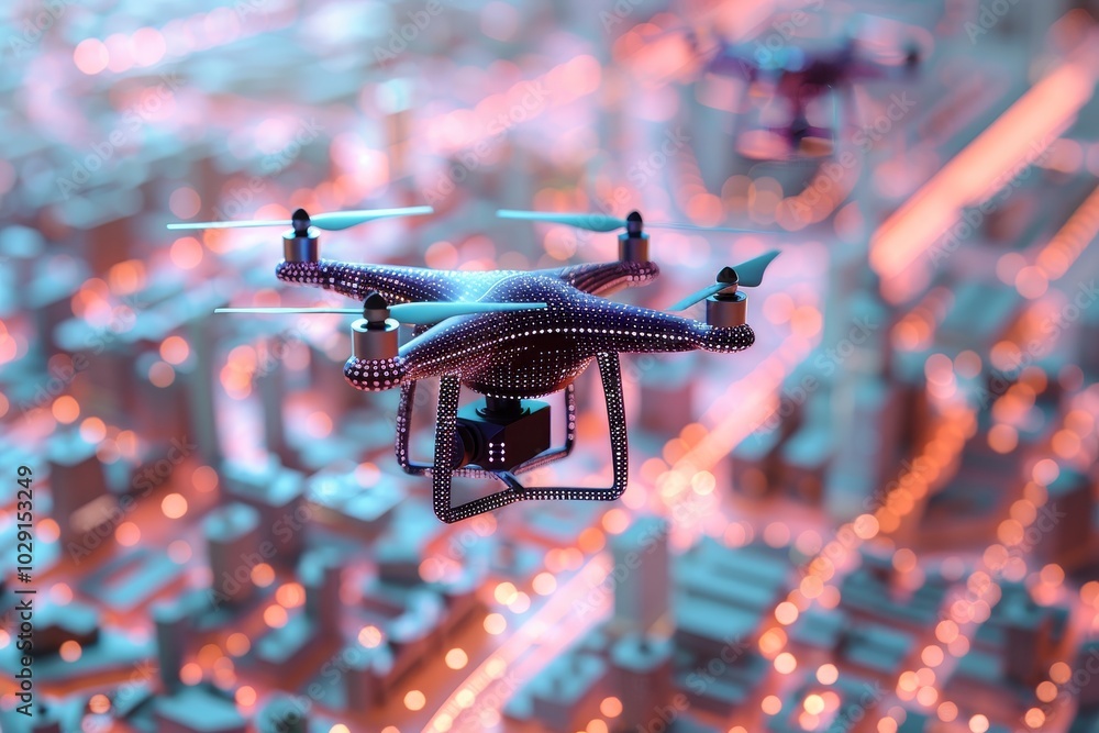 Poster ai-driven drones delivering packages in a smart city ,aerial view of several drones flying over a ci
