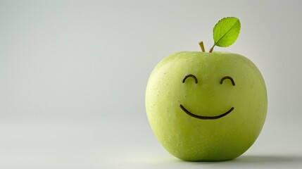 Happy smiling green apple, cute and funny character isolated on white background