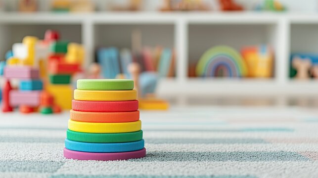A colorful stacking toy in a playful indoor setting, designed for children to enhance motor skills and creativity.