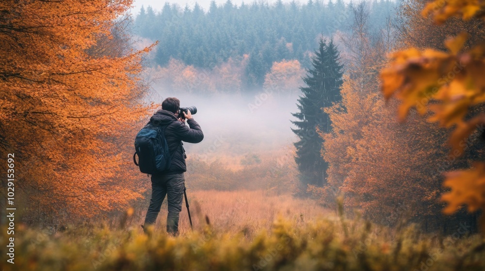 Poster a person stands in a vibrant autumn landscape, capturing the serene beauty of trees with golden foli