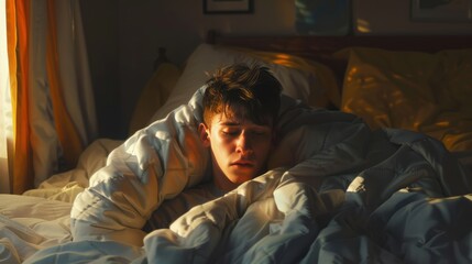 Obraz premium Young Man Resting in Bed with Sunlight Streaming In