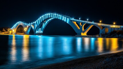 Obraz premium A white arch bridge illuminated with blue lights spans a calm body of water at night.
