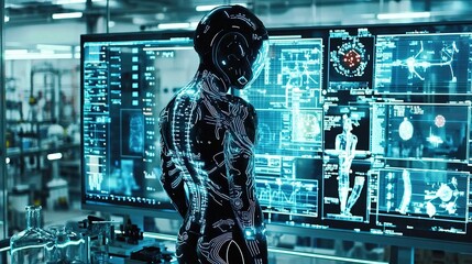 A futuristic humanoid figure stands beside a large screen, displaying complex data and digital interfaces in a high-tech environment.