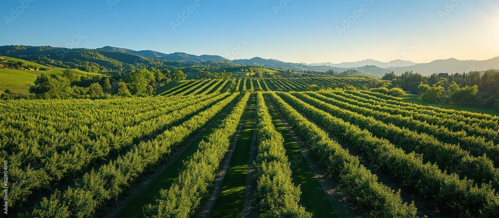 Poster an aerial view of a lush, green orchard with rows of trees extending into the distance. the sun is s