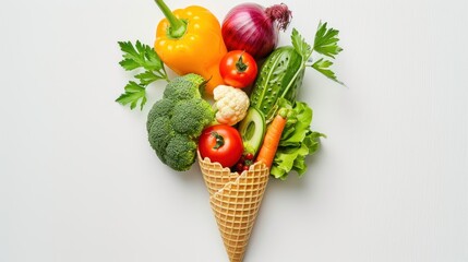 Healthy eating concept. Ice cream cone with various vegetables instead of ice cream on white background.