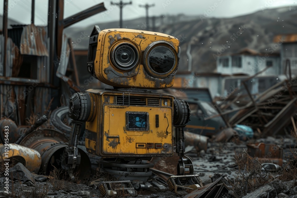 Poster an abandoned robot in a junkyard ,a robot stands resolutely before a large pile of rubble, symbolizi