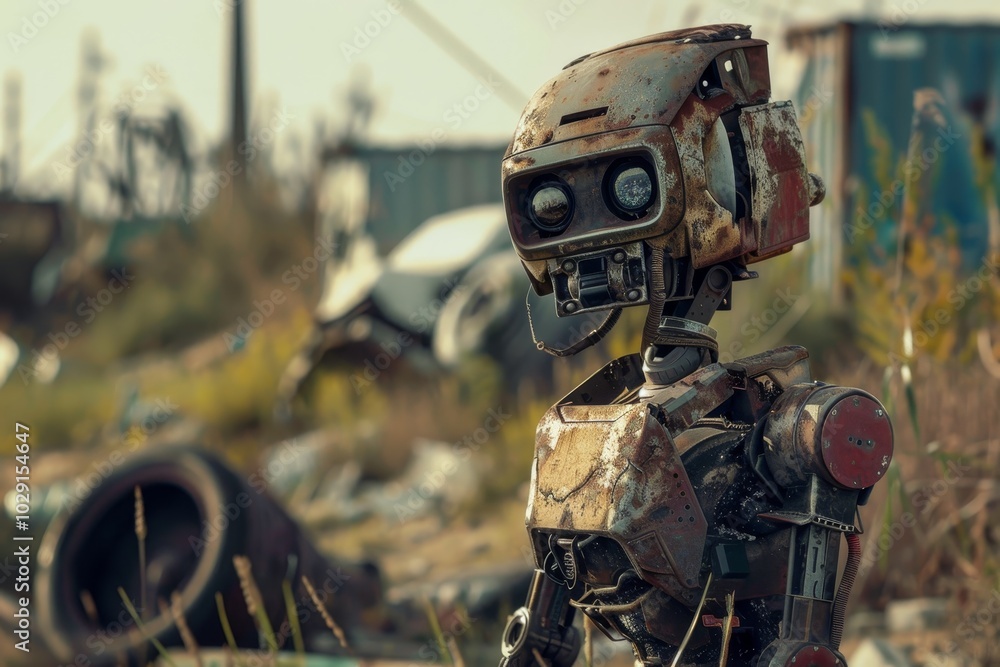 Poster an abandoned robot in a junkyard ,a robot is positioned in front of a significant pile of rubble, re