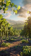 Naklejka premium Scenic vineyard with grapevines and rolling hills, 4K hyperrealistic photo
