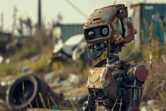 An abandoned robot in a junkyard ,A robot is positioned in front of a significant pile of rubble, representing the intersection of technology and adversity. - Powered by Adobe