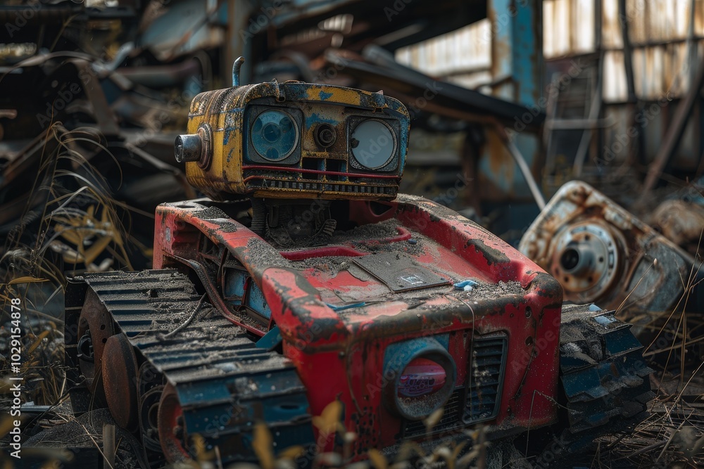 Poster an abandoned robot in a junkyard , a robot stands before a towering pile of rubble, highlighting the