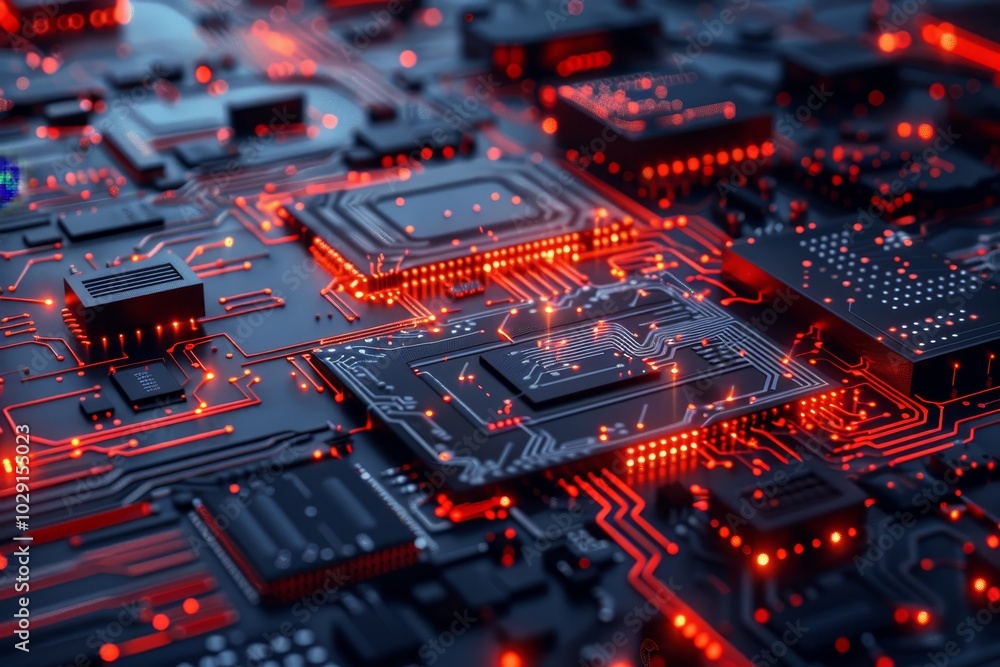 Poster an abstract background of microchips and circuit lines ,a close-up view of a circuit board illuminat