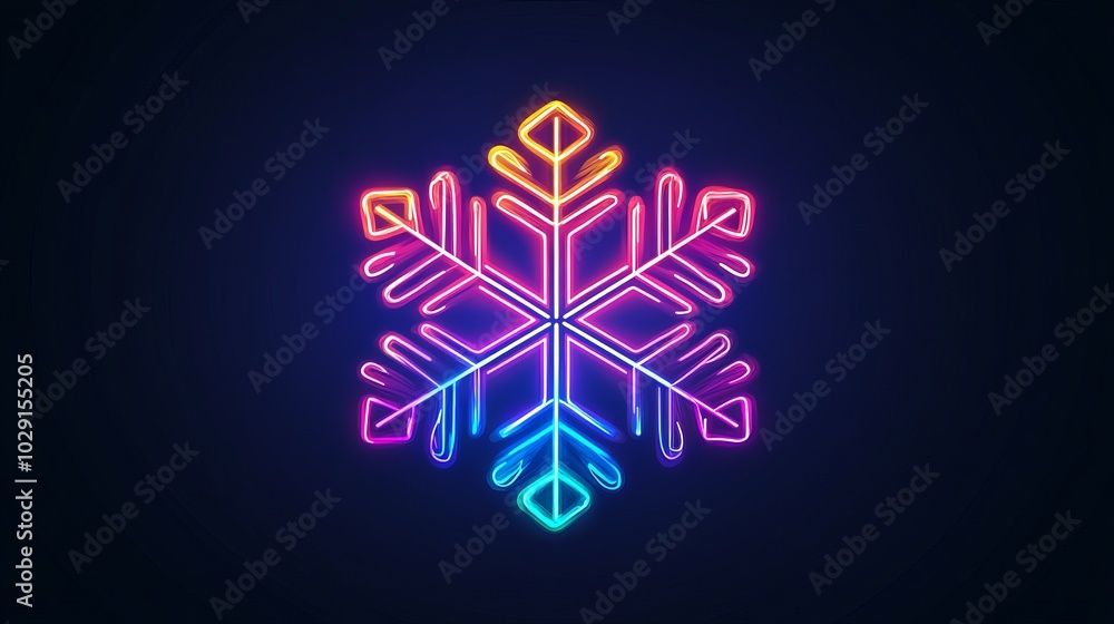 Poster an outline neon snowflake icon featuring a glowing design with vivid colors. this neon snowflake sig