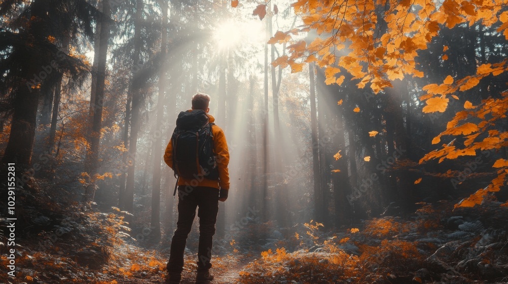 Poster A person stands on a forest path surrounded by autumn foliage, where sunlight breaks through the trees, creating a serene atmosphere perfect for reflection and adventure in nature.