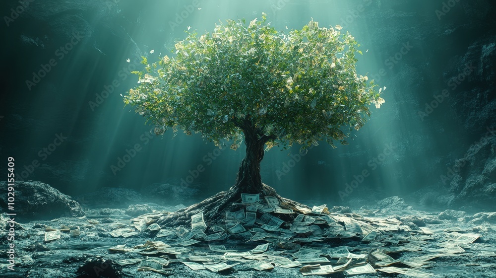 Poster an inspiring image of a thriving tree made of currency notes, illustrating the concept of financial 