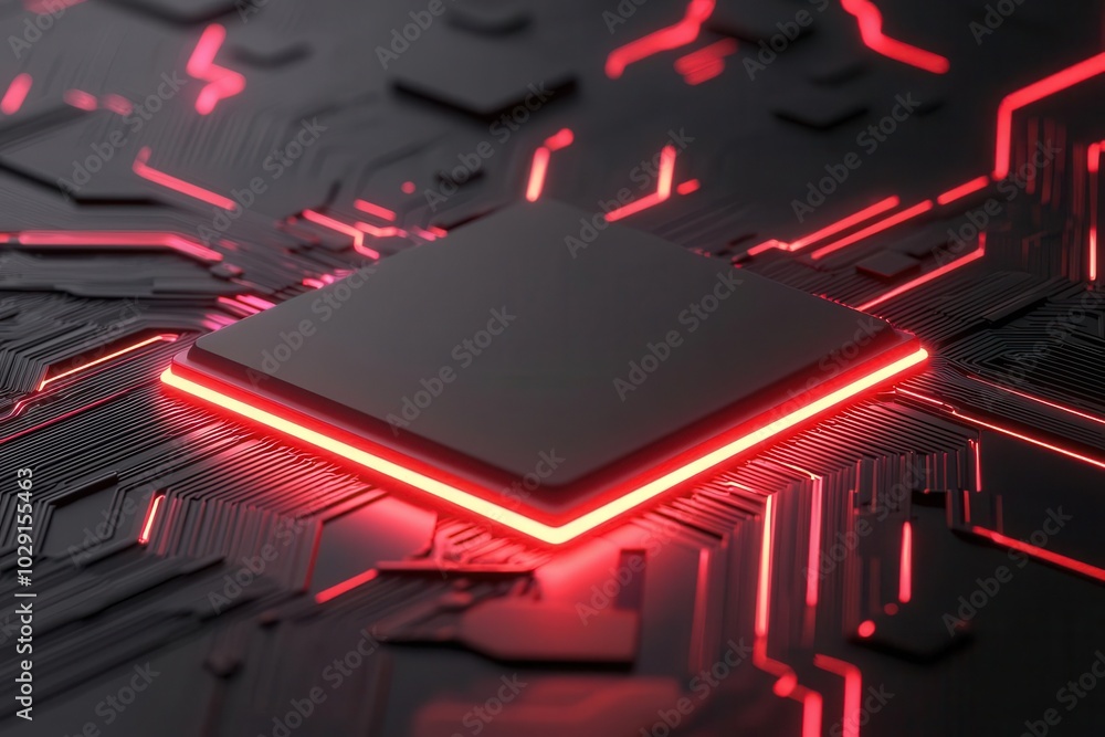 Poster a sleek, modern microchip with glowing red lines on a dark circuit board background, symbolizing adv