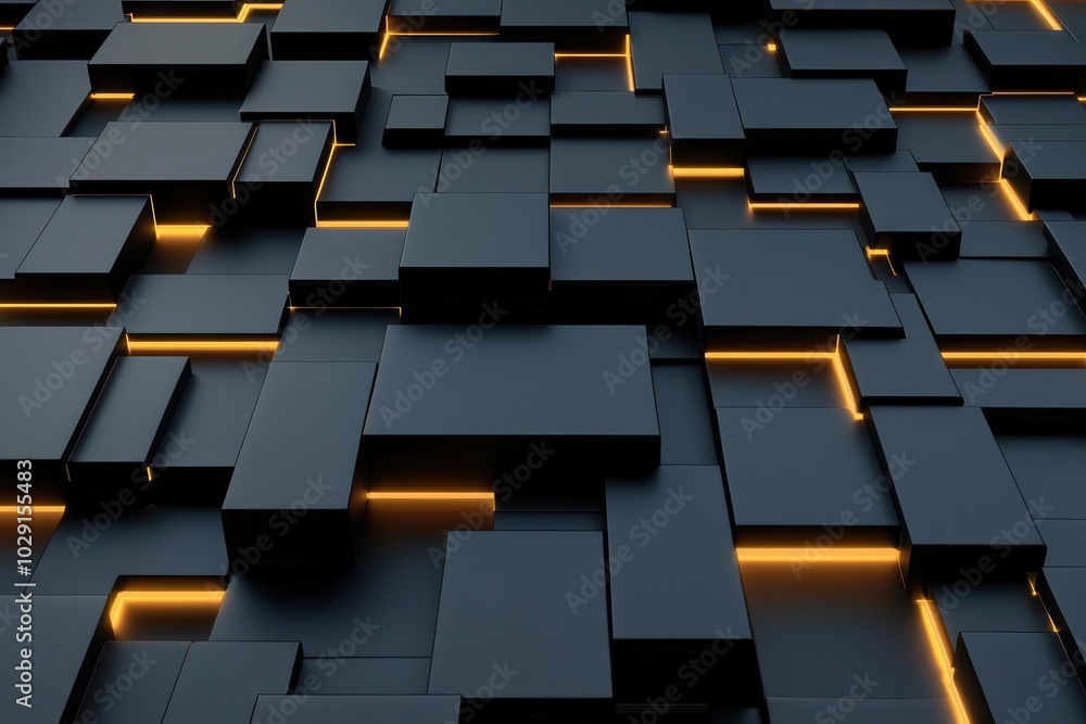 Poster a modern, abstract composition of black rectangular shapes with illuminated edges, creating a striki