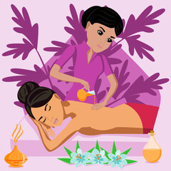 Aromatherapy massage. Therapy and treatment by professional therapist in SPA. Isolated flat vector illustration. Indian and Eastern ethnicity.