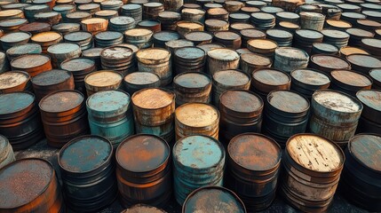 Fototapeta premium Aerial view of oil barrels in an industrial storage facility