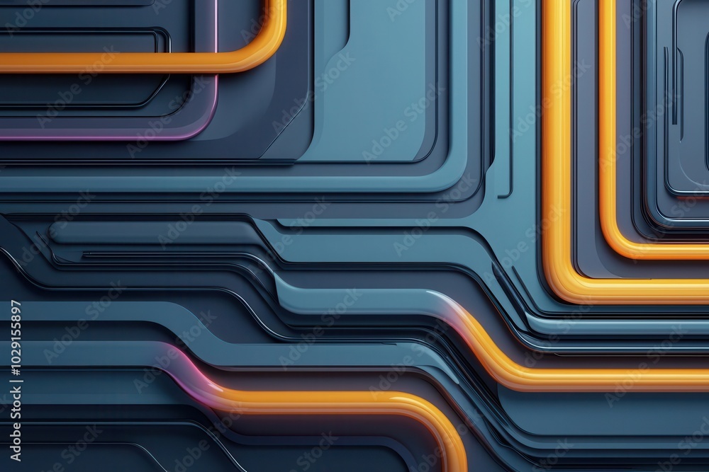 Poster an abstract design featuring interconnected lines and curves in vibrant colors against a dark backgr