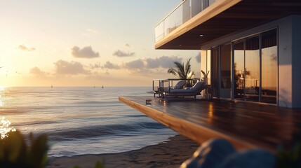 Fototapeta premium A tranquil sunset view from a beachfront terrace overlooking the calm ocean waters and distant sailboats