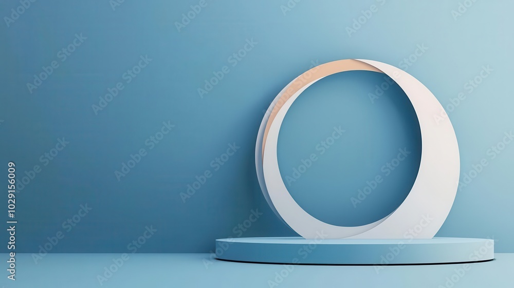 Aufkleber a minimalist design featuring a circular structure on a platform against a calming blue background.