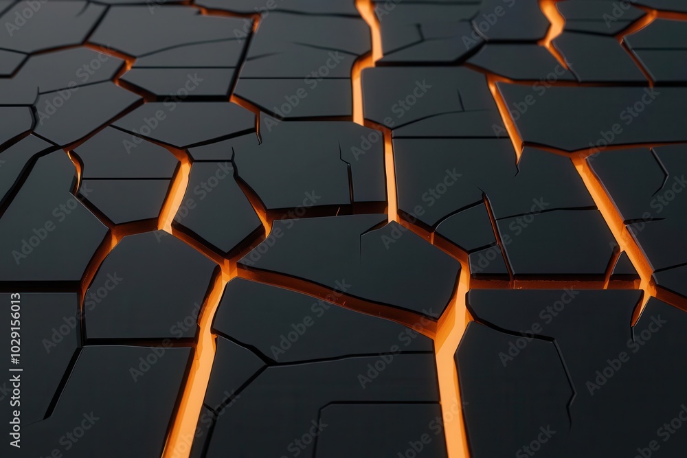 Poster a textured, dark surface with cracks illuminated by warm orange light, creating contrast and depth i