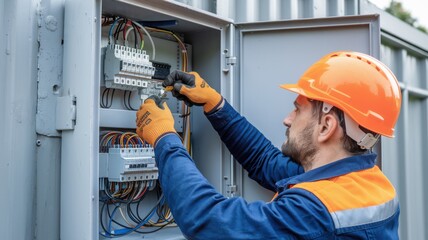 Electrician working on electrical panel with tools and safety gear.