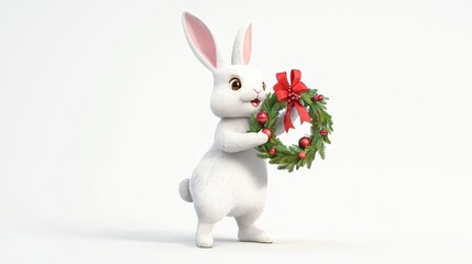 Bunny holding a Christmas wreath, standing on its hind legs, festive 2D character, white background