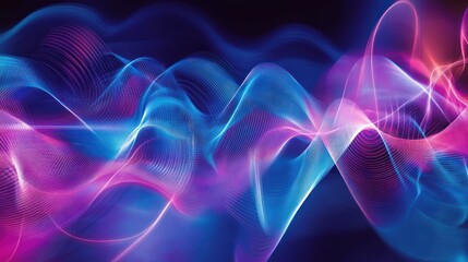 Abstract Wavy Lines of Blue and Pink Light on a Dark Background