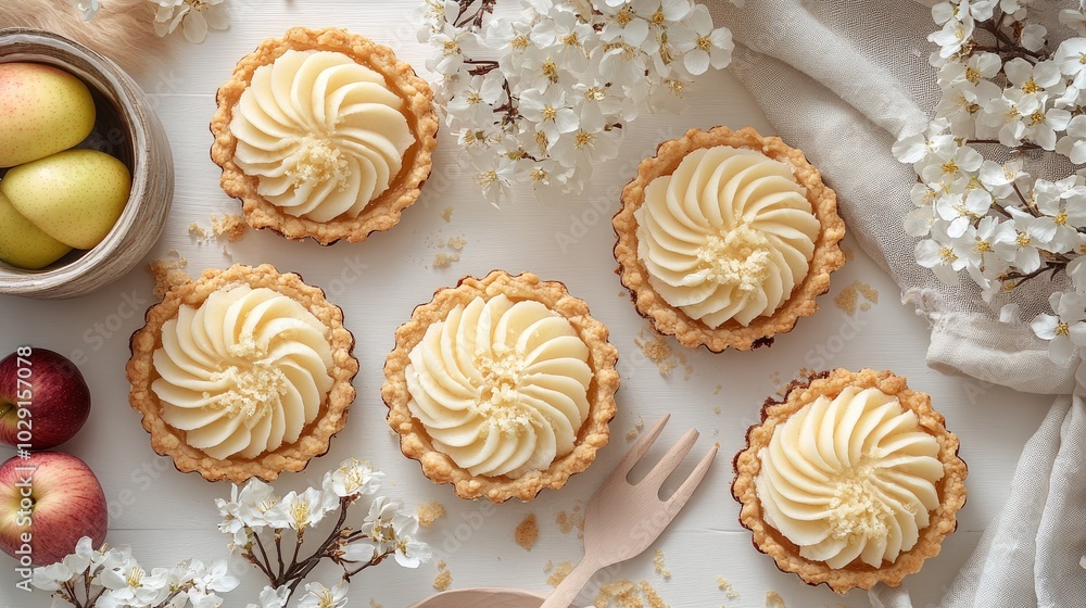 Poster apple tarts in progress, neatly arranged on a table with minimalistic decorations and fabric, emphas