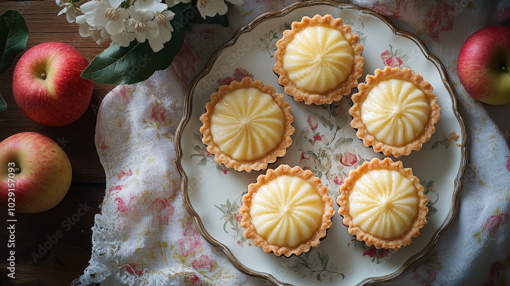 Poster apple tarts in progress, neatly arranged on a table with minimalistic decorations and fabric, emphas