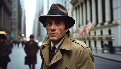 Secret agent in a trench coat tailing a target in a 1960s urban setting