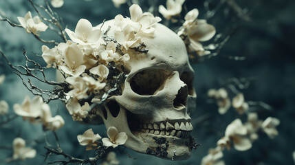 Naklejka premium A continuous loop of a skull transforming into a blooming flower, then back into a skull, symbolizing the cyclical nature of life and death. Surrealism