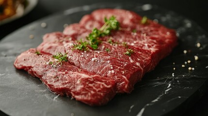 Artistic arrangement of Wagyu beef on dark gray marble, with natural lighting enhancing its rich colors.