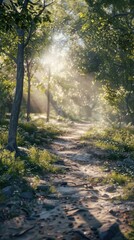 Obraz premium Peaceful forest path with sunlight filtering through the trees, 4K hyperrealistic photo