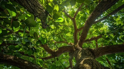 Fototapeta premium Lush green leafy tree canopy providing cooling shade and a peaceful retreat in a serene natural environment The verdant foliage filters sunlight creating a tranquil rejuvenating atmosphere