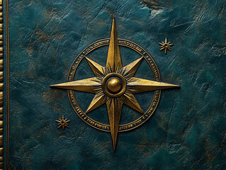 a compass rose with a golden center and a black background. The compass rose is detailed with gold lines and symbols.