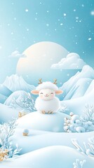 Obraz premium Cartoon lamb standing alone on a cold mountain peak, light snow falling in the background as the vast, wintry landscape stretches out.