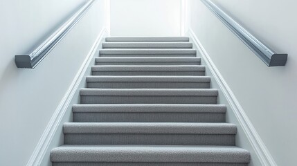 A bright, carpeted staircase leads upward, illuminated by natural light, creating a serene and inviting atmosphere.